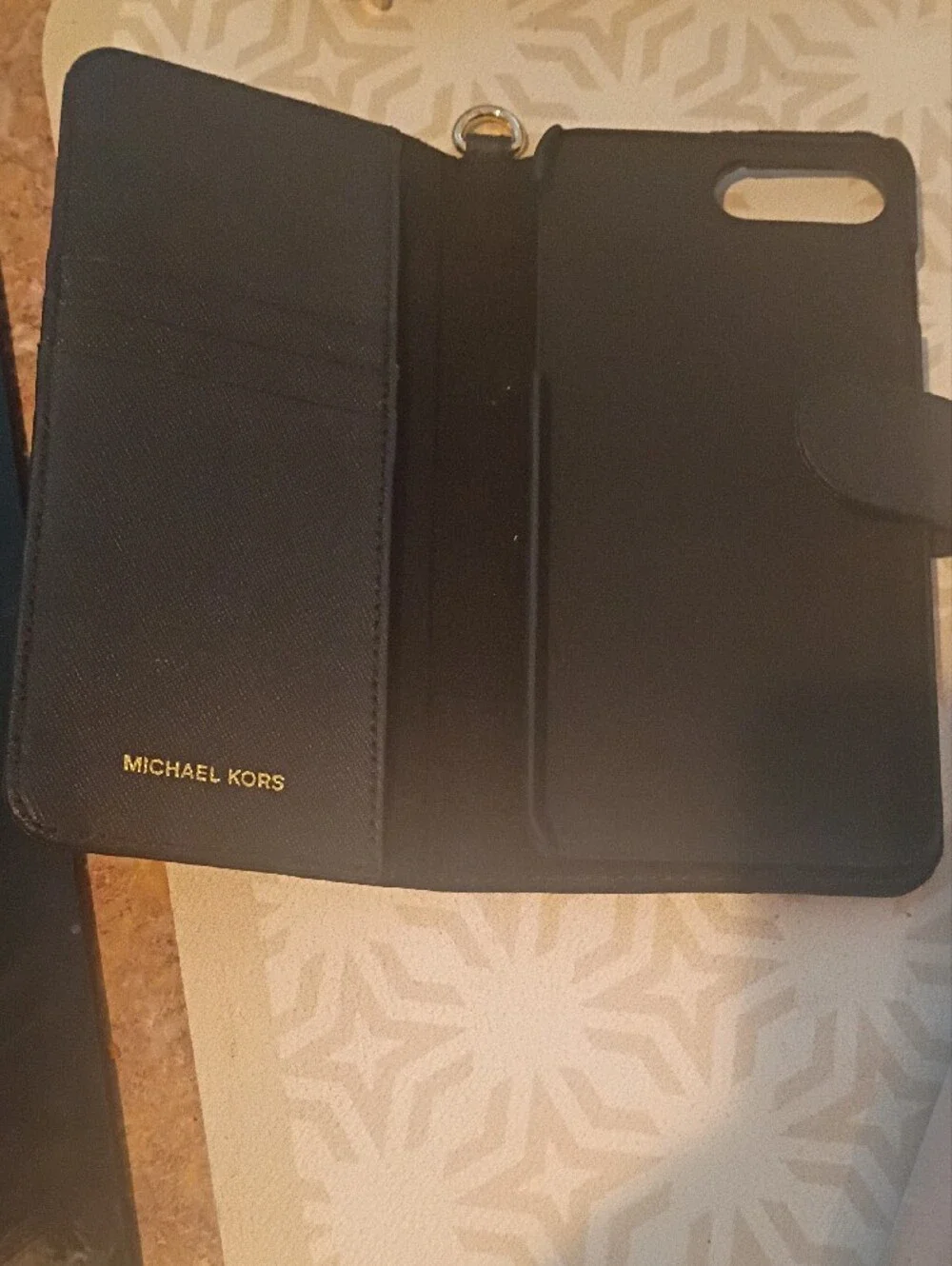 Michael Kors Women's Black Saffiano Leather Wallet Phone Case with Gold Logo